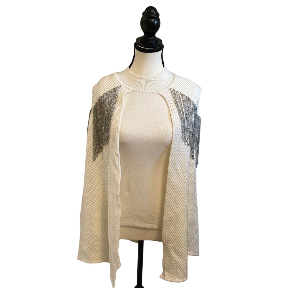 Paola Bernardi‎ Cream Capelet Top Chain Fringe Sleeveless Knit Sweater